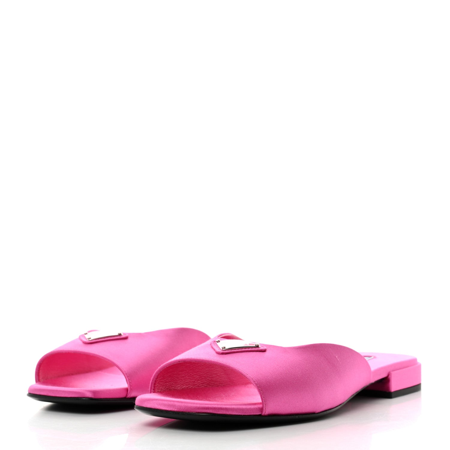 Prada Satin Metal Triangle Logo 10mm Slide Sandals 37.5 Begonia 3 of 8
