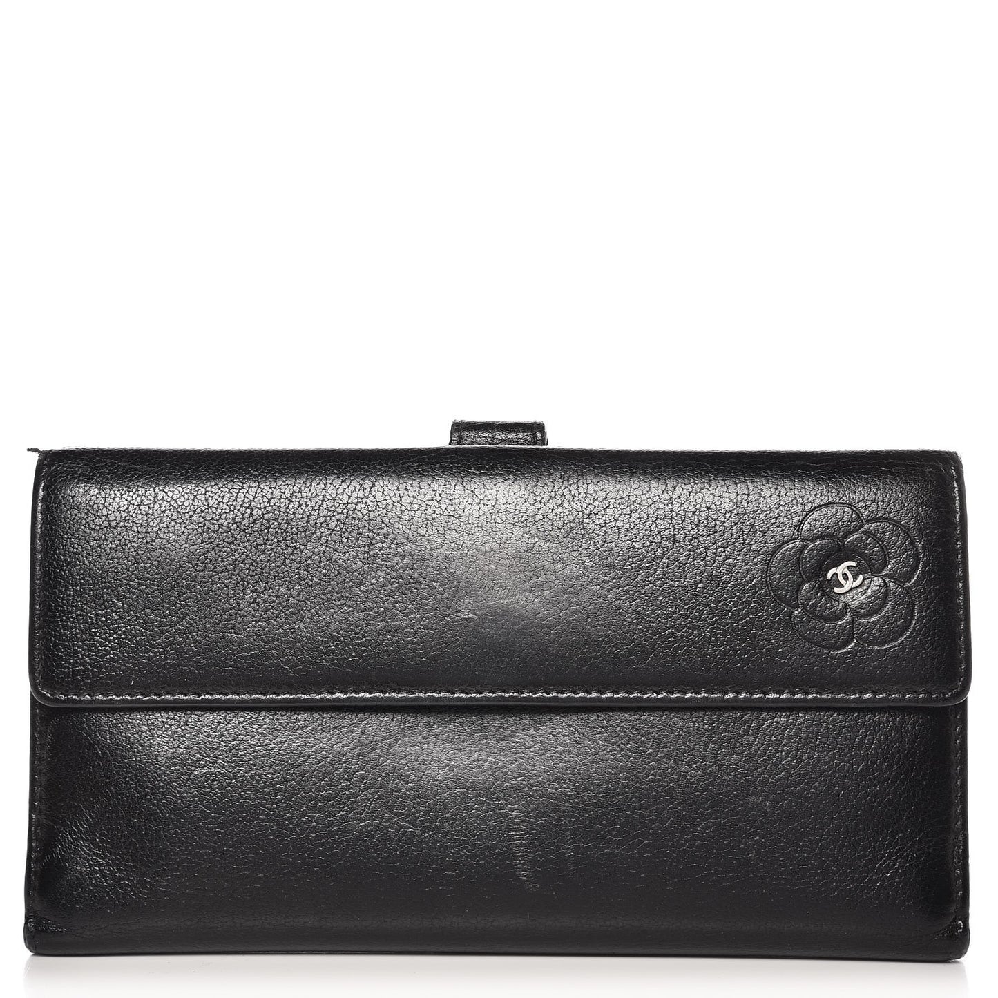 Goatskin Camellia Embossed Flap Wallet Black