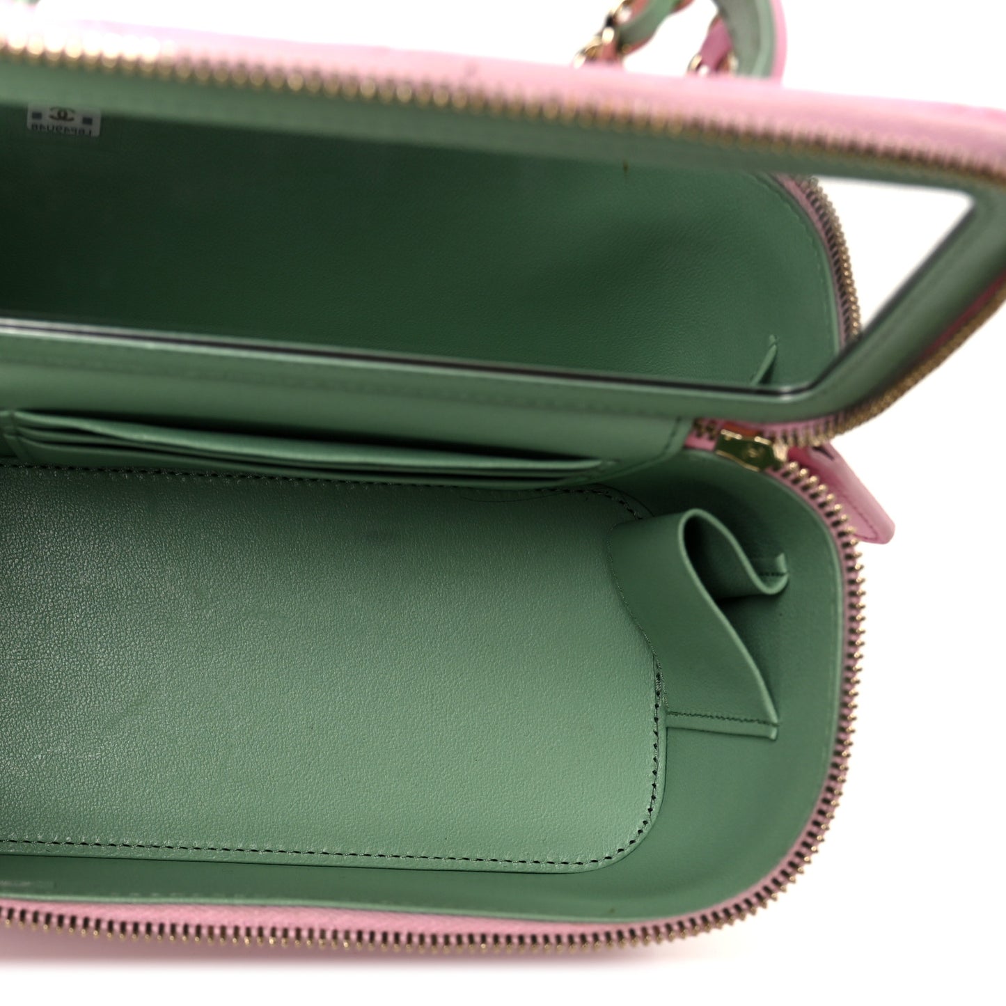 Lambskin Quilted Small Top Handle Vanity Case With Chain  Lilac Light Green