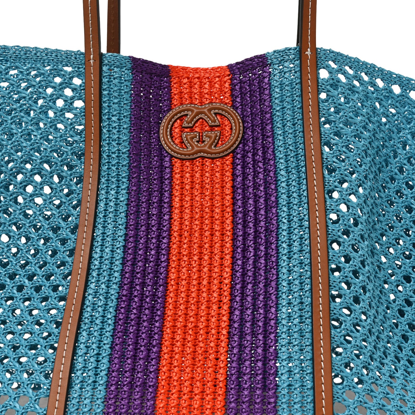 Raffia Web Woven Interlocking G Tote Blue Multicolor
