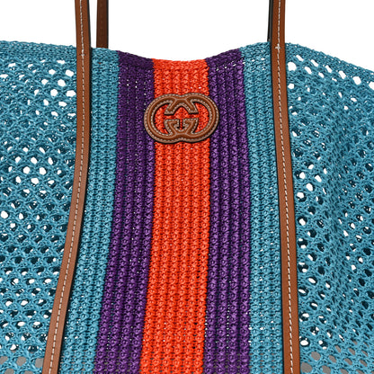 Gucci Raffia Web Woven Interlocking G Tote Blue Multicolor 7 of 9