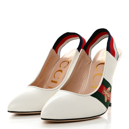Gucci Malaga Kid Web Sylvie High Heel Slingback Pumps 36.5 White 3 of 9