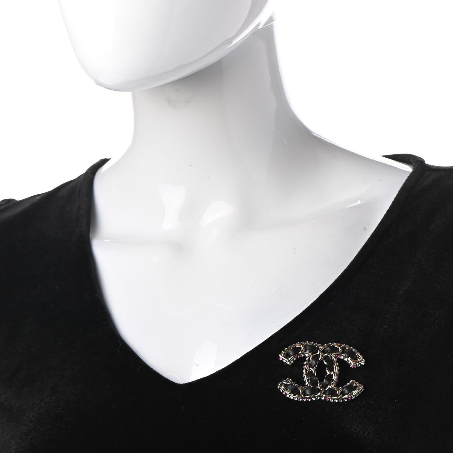 Lambskin Crystal CC Chain Brooch Black Gold Multicolor