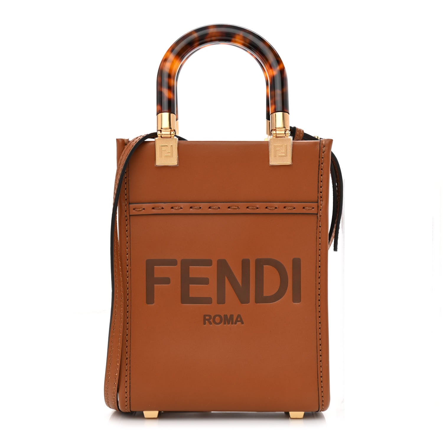 Fendi Vitello King Plexiglass Logo Embossed Mini Fendi Sunshine Shopper Tote Cuoio 1 of 10
