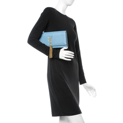 Saint Laurent Calfskin Classic Monogram Tassel Clutch Blue Glacier 2 of 10