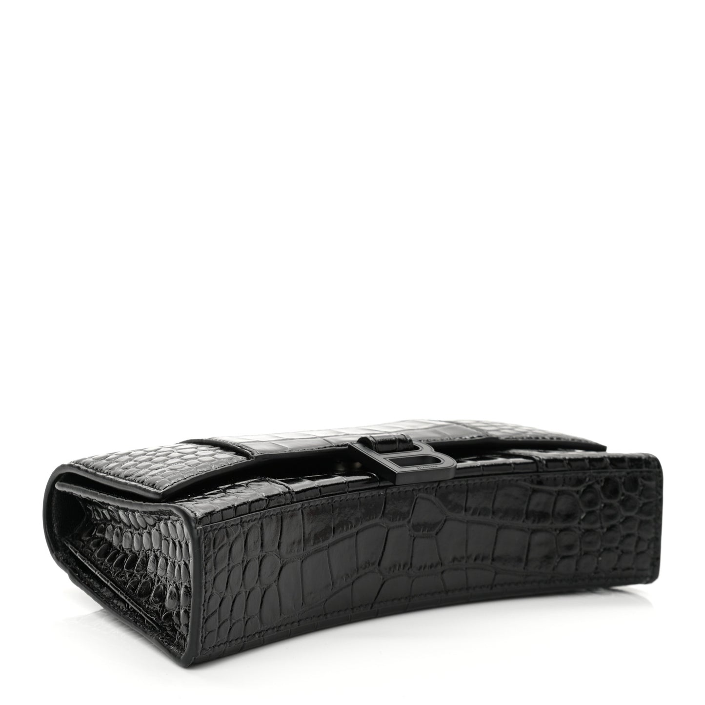 Shiny Calfskin Monochrome Crocodile Embossed Small Hourglass Evening Chain Bag Black