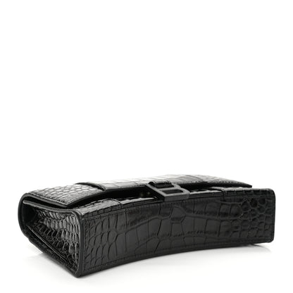 Balenciaga Shiny Calfskin Monochrome Crocodile Embossed Small Hourglass Evening Chain Bag Black 4 of 9