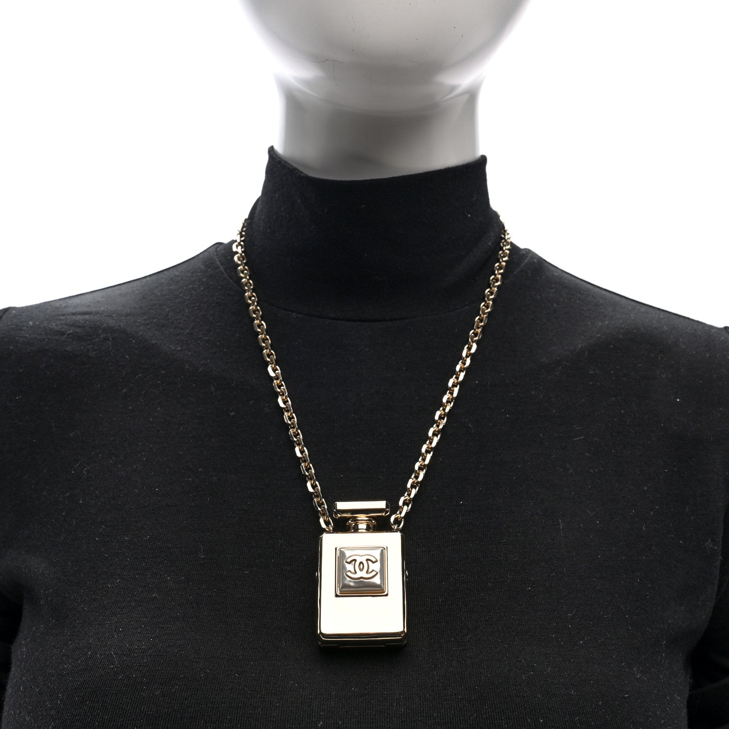 Chanel Metal Pearl Perfume Bottle CC Locket Necklace Gold 2 of 5