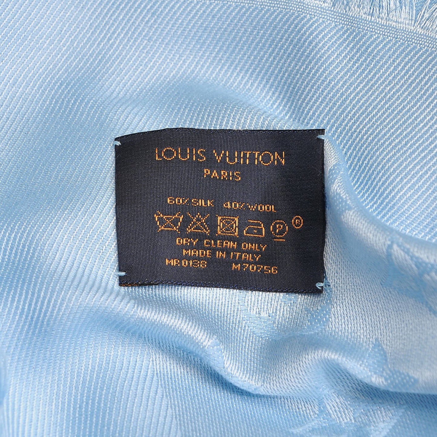 Silk Wool Monogram Shawl Blue Ciel