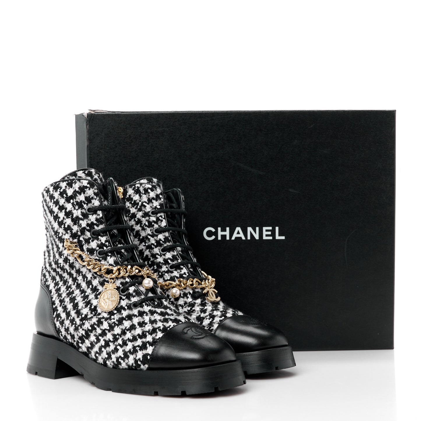 Wool Tweed Calfskin Chain Lace Up Combat Boots 38.5 Black White