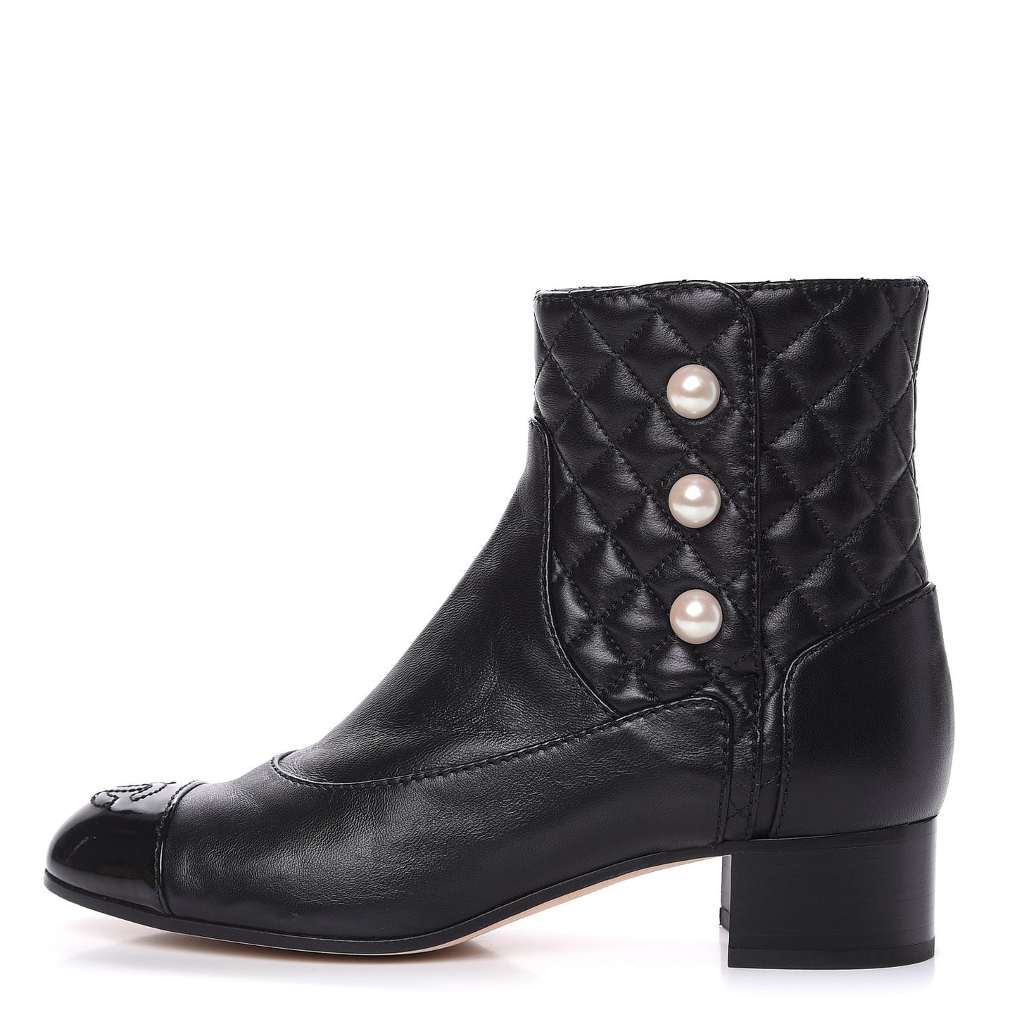 Lambskin Patent Calfskin Quilted Pearl Cap Toe Boots 36.5 Black