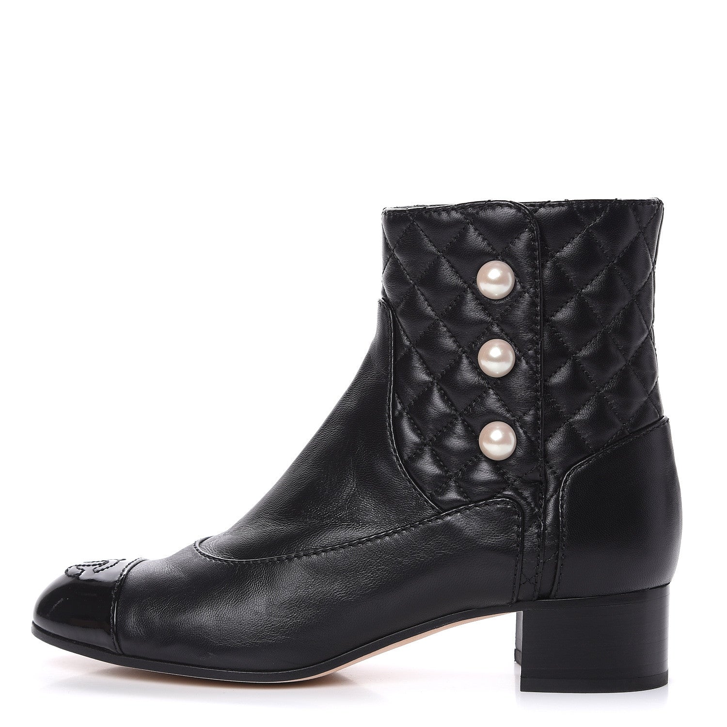 Chanel Lambskin Patent Calfskin Quilted Pearl Cap Toe Boots 36.5 Black 1 of 12