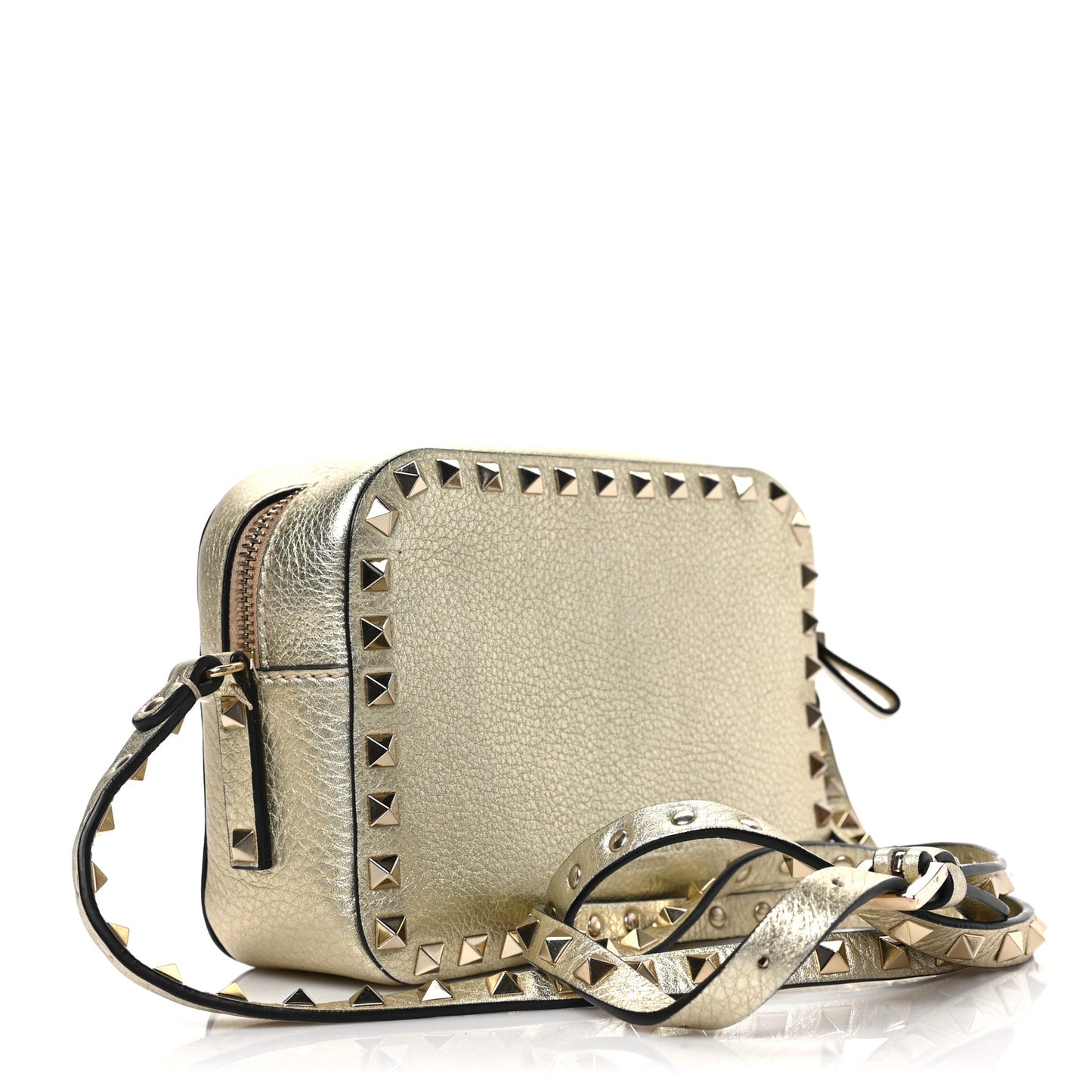 Metallic Pebbled Calfskin Rockstud Camera Crossbody Bag Platino