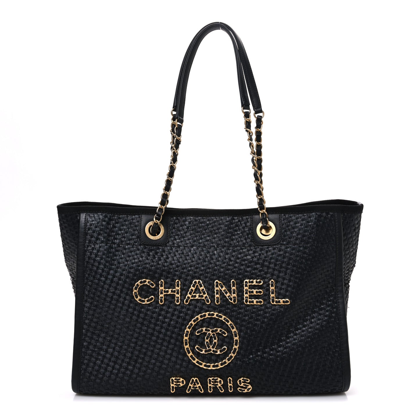 Straw Raffia Calfskin Chain Small Deauville Tote Black