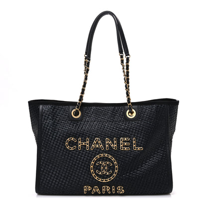Chanel Straw Raffia Calfskin Chain Small Deauville Tote Black 1 of 10