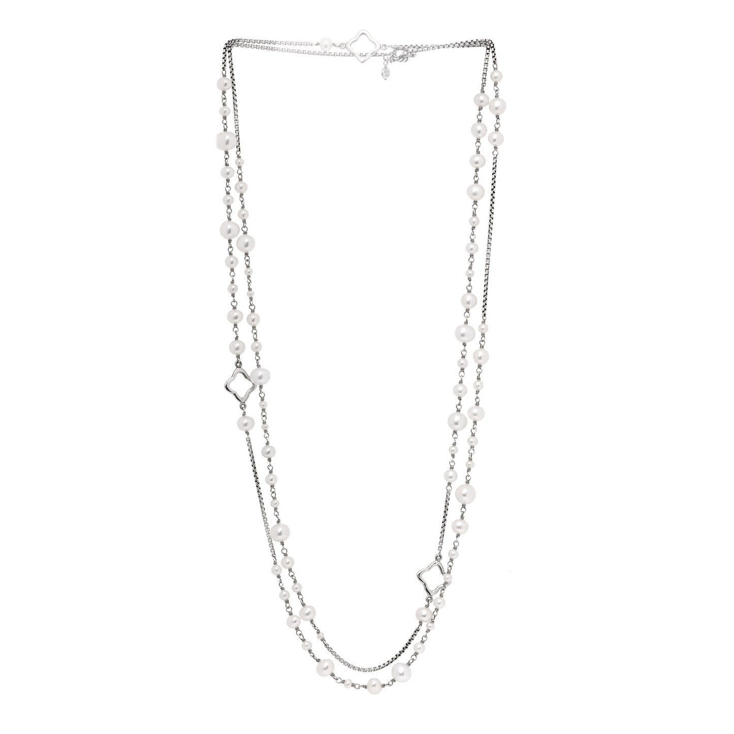 Sterling Silver Pearl Quatrefoil Long Chain Necklace