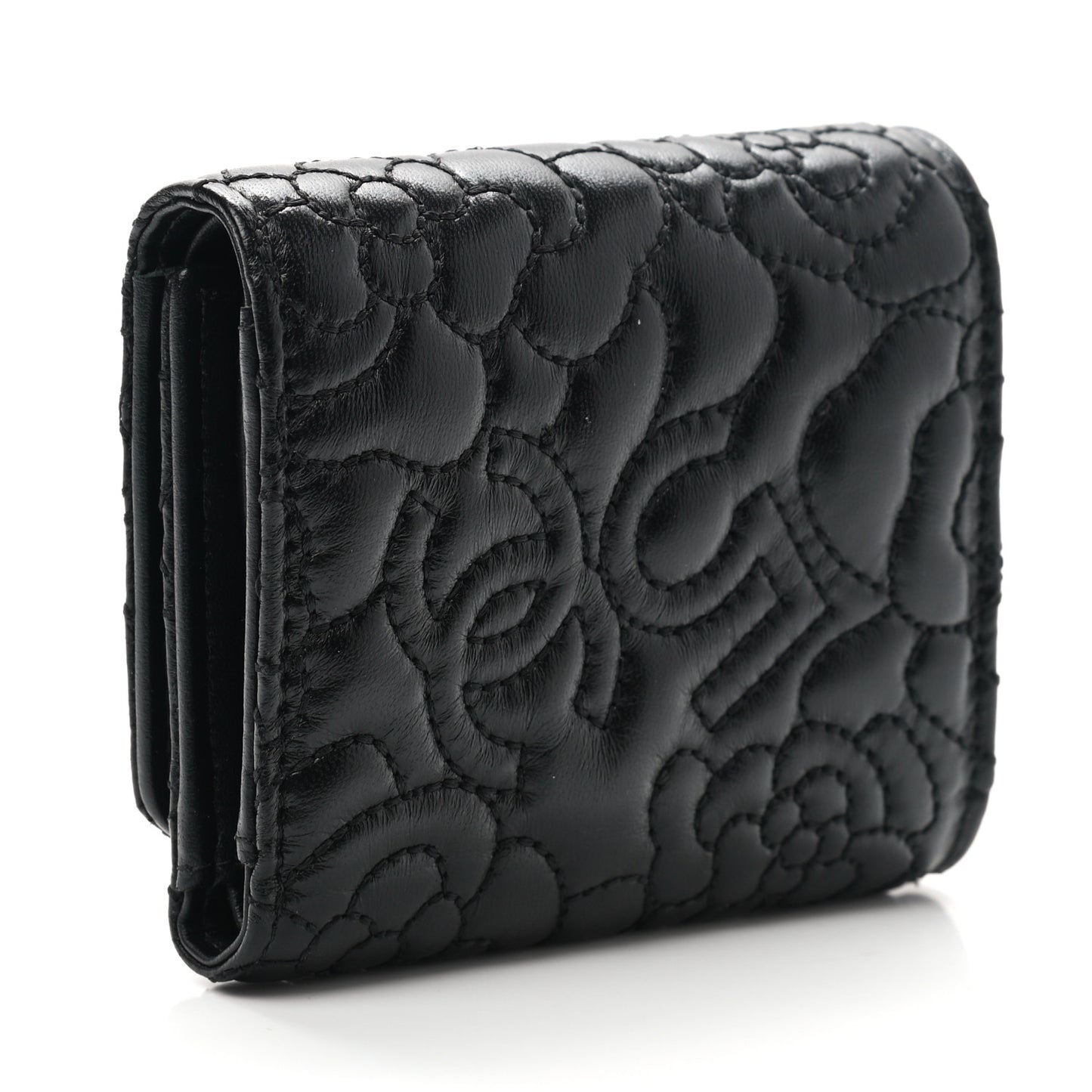Lambskin Camellia Embossed Small Wallet Black