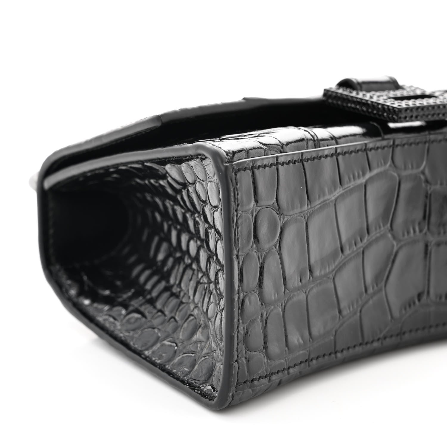 Balenciaga Shiny Calfskin Strass Monochrome Crocodile Embossed Hourglass Top Handle Bag XS Black 8 of 10