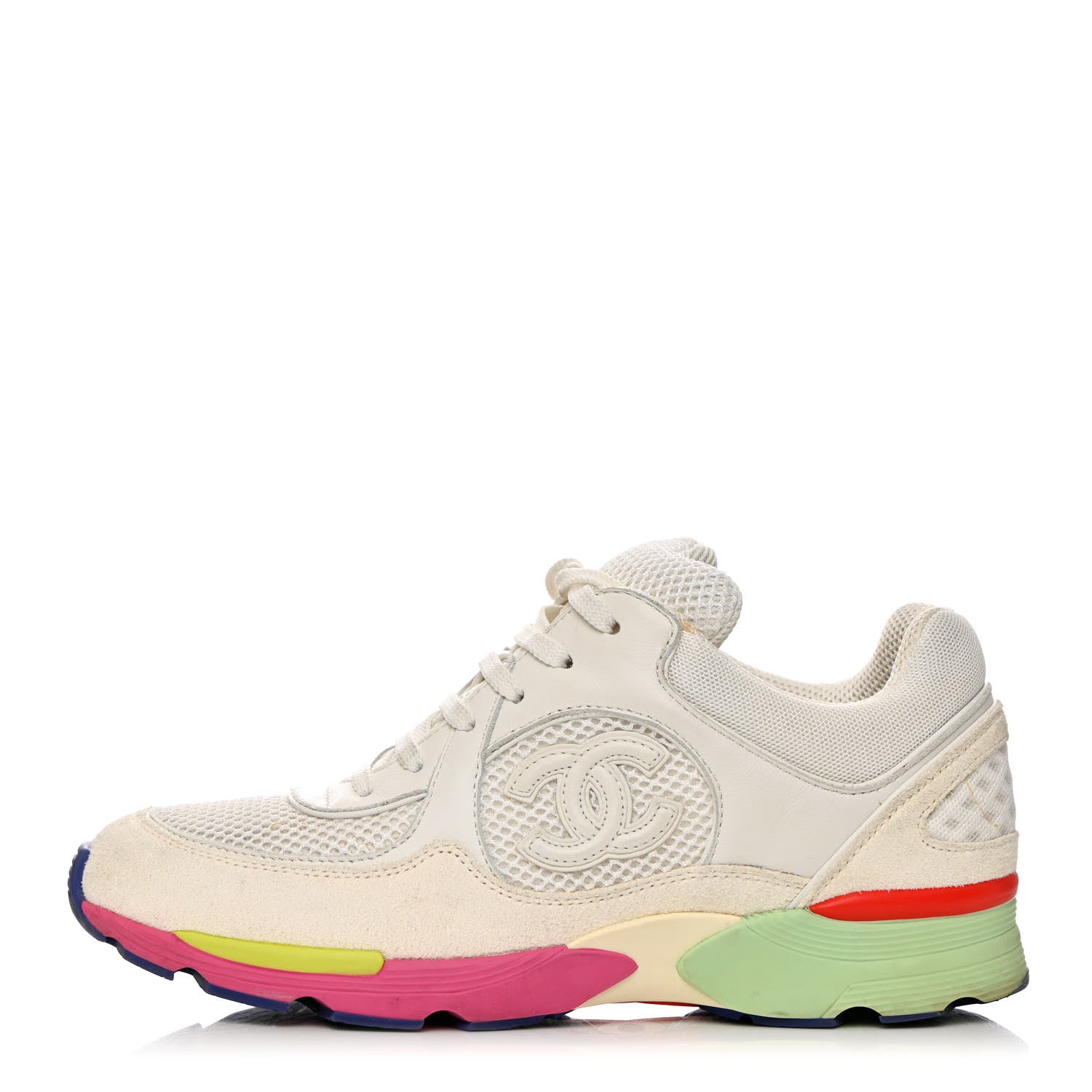 Chanel Suede Calfskin CC Sneakers 37 White Pink Green 1 of 15