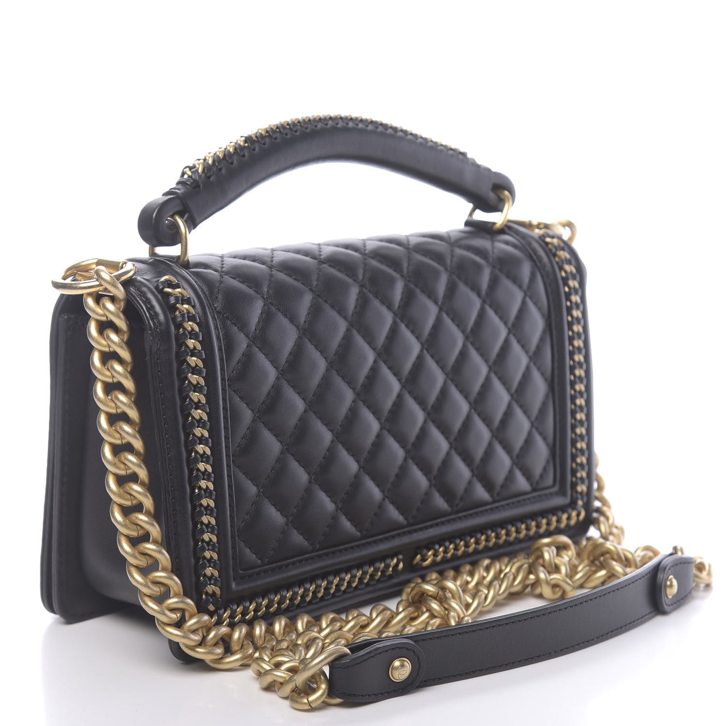 Calfskin Quilted Medium Boy Top Handle Flap Black