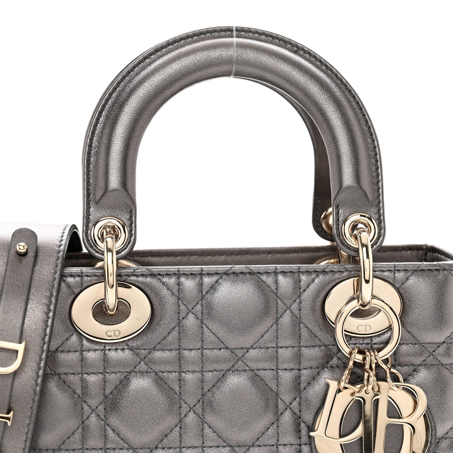 CHRISTIAN DIOR Metallic Grained Calfskin Cannage Small Lady Dior Gunmetal