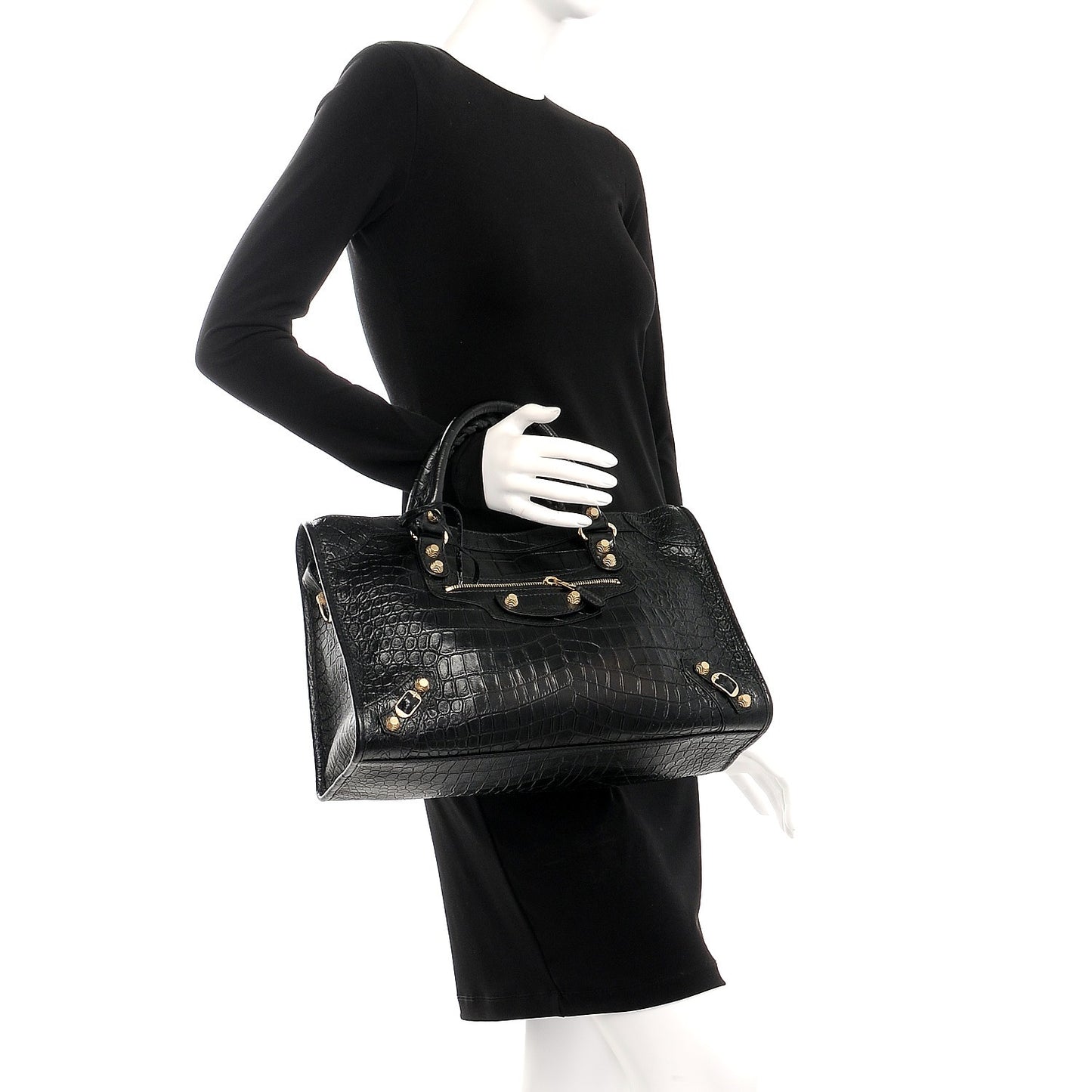 Calfskin Crocodile Embossed Giant 12 Gold Hardware City Black