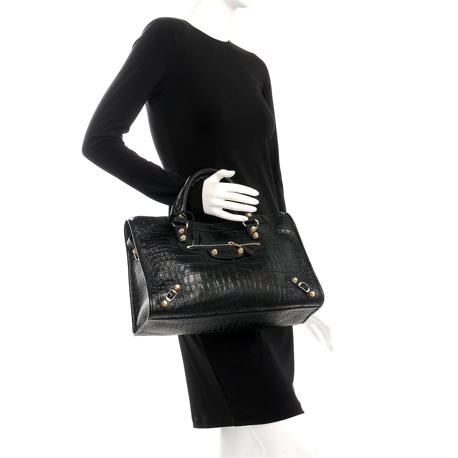Balenciaga Calfskin Crocodile Embossed Giant 12 Gold Hardware City Black 3 of 8