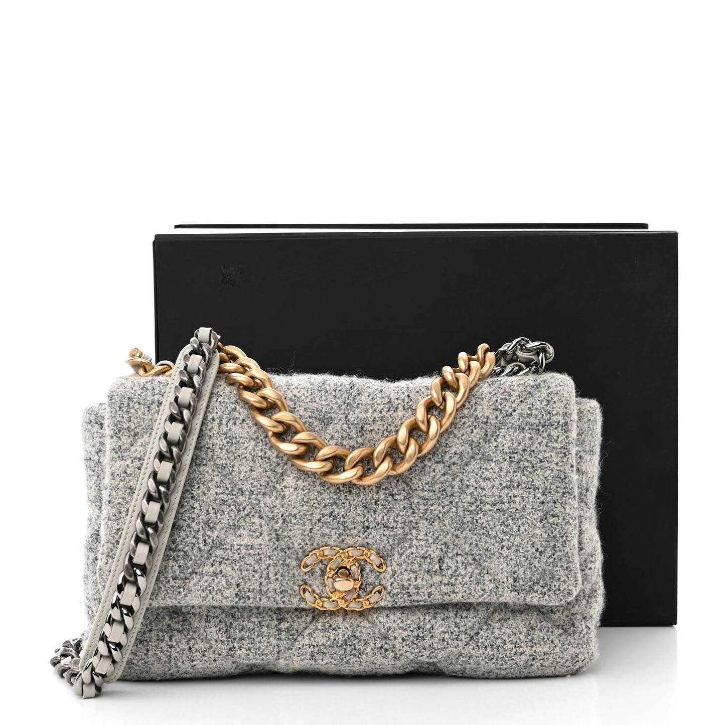Tweed Quilted Large Chanel 19 Flap Grey Ecru