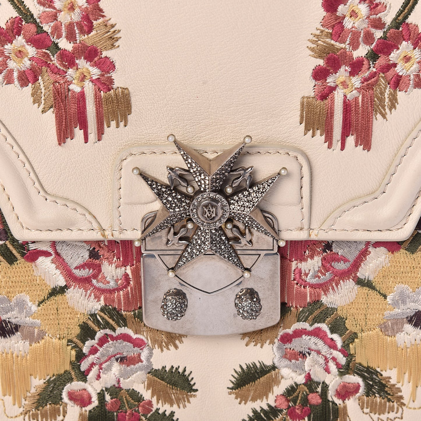 Calfskin Embroidered Flower Satchel Off White