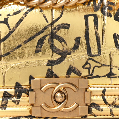 Chanel Metallic Calfskin Crocodile Embossed Graffiti Medium Cocodile Boy Flap Gold 8 of 11