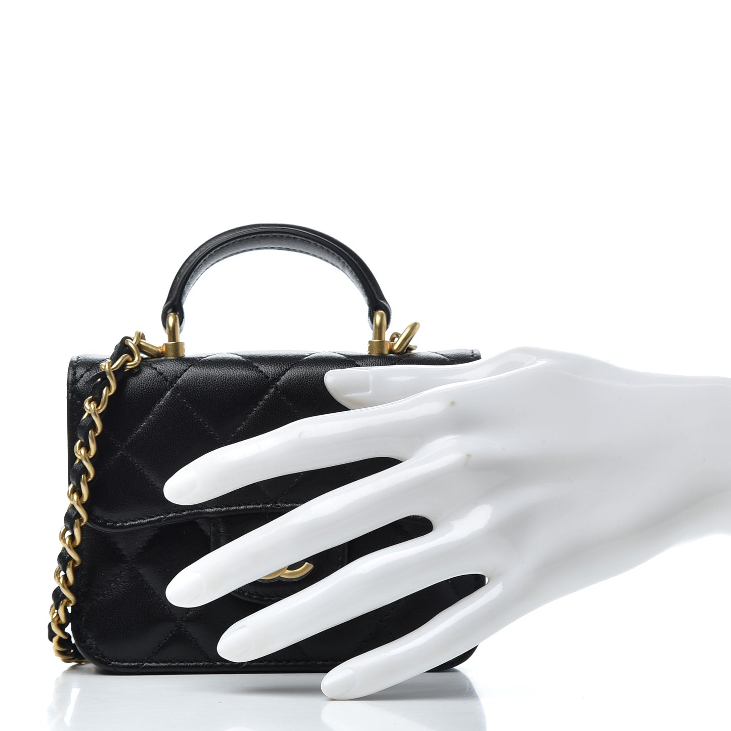Lambskin Quilted Top Handle Flap Coin Purse With Chain Black