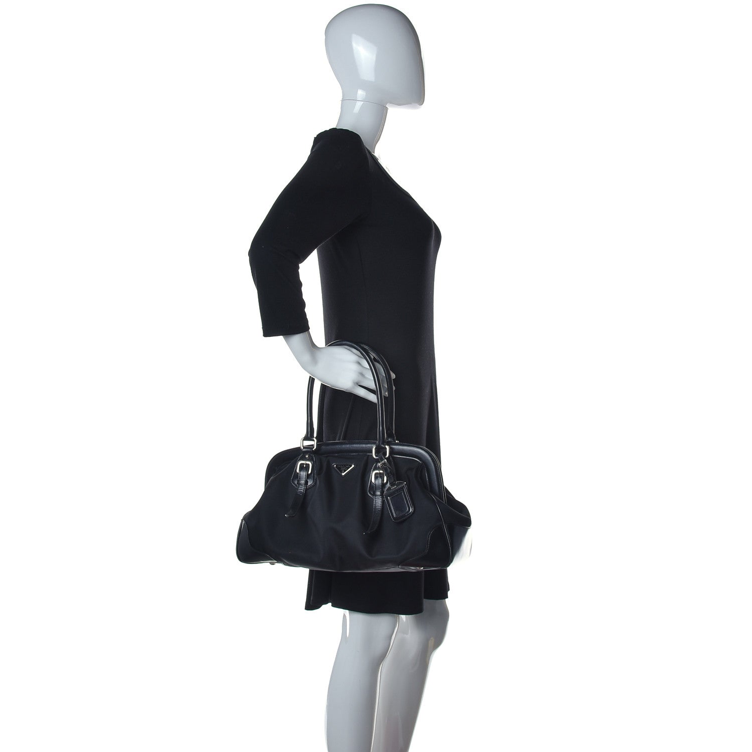 Prada Tessuto Nylon Calfskin Frame Satchel Black 2 of 17