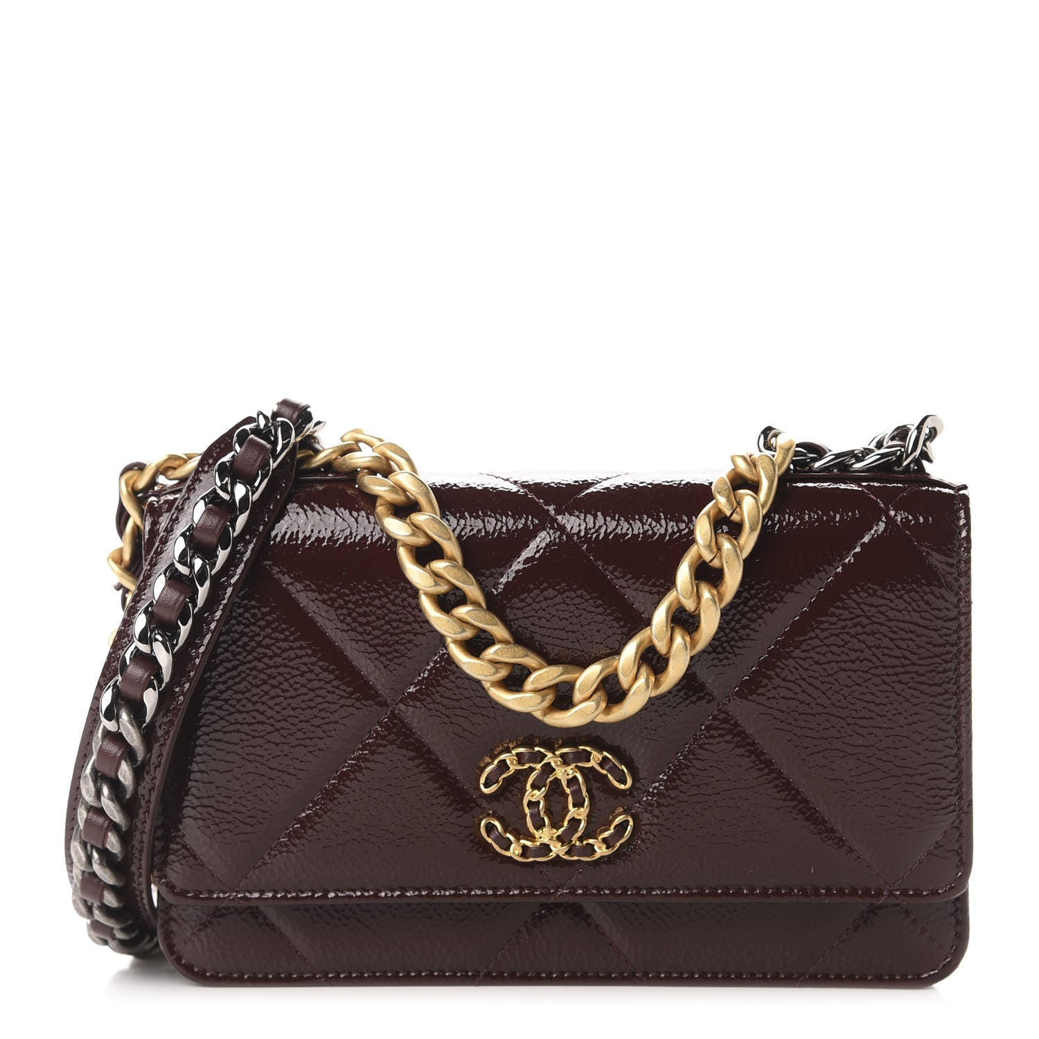 Chanel Shiny Crumpled Calfskin Quilted 19 Wallet On Chain WOC Burgundy 1 of 12