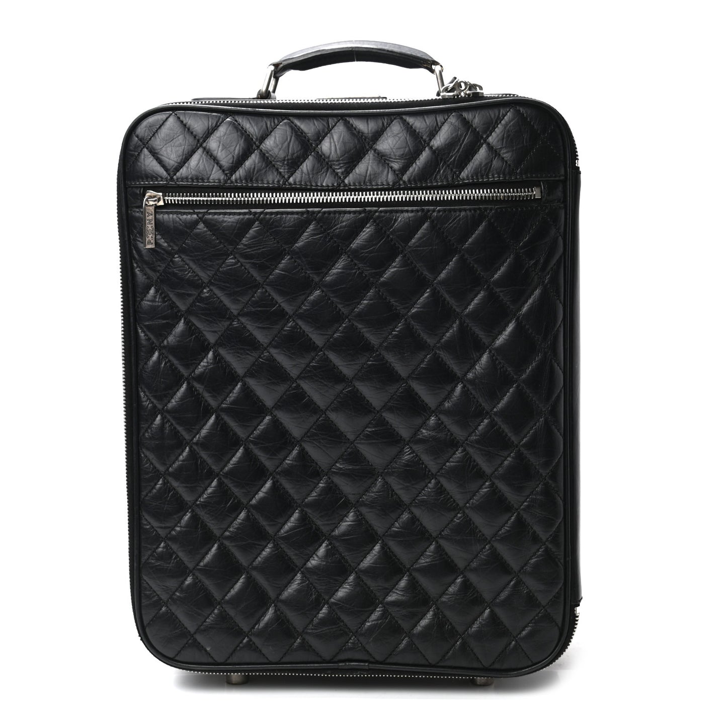 Aged Calfskin Quilted Trolley Rolling Luggage Black