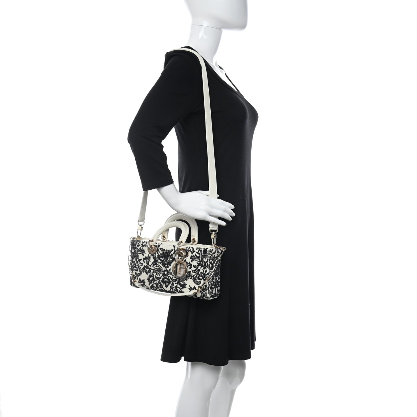 Calfskin Embroidered Lady D-Joy White Black