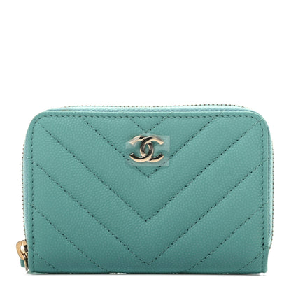 Chanel Caviar Flat Chevron Quilted Zip Around Coin Purse Green 1 of 8