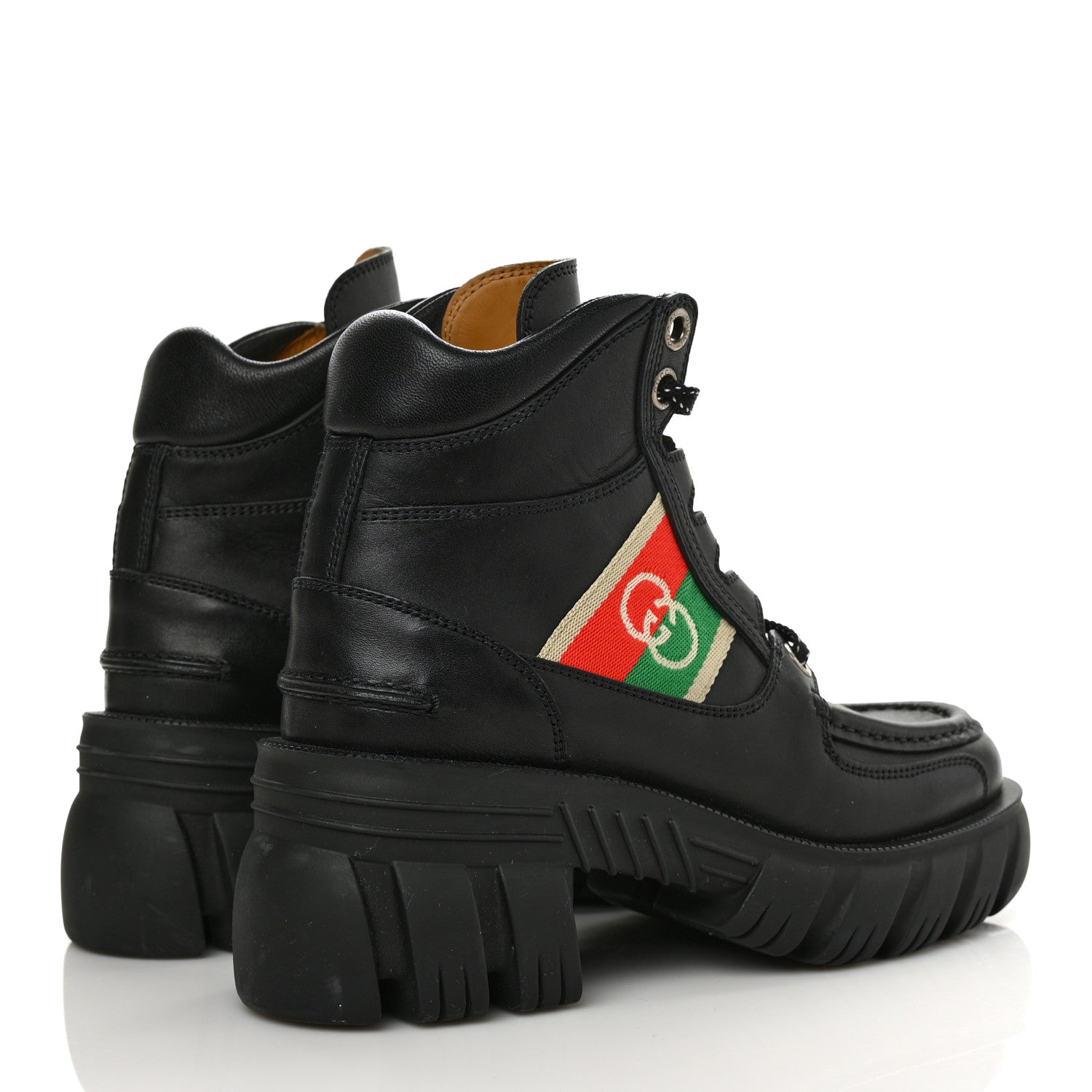 Gucci Quebec Calfskin Web Womens Interlocking G Lace Up Combat Boots 35 Black Mystic White Green Red 4 of 10