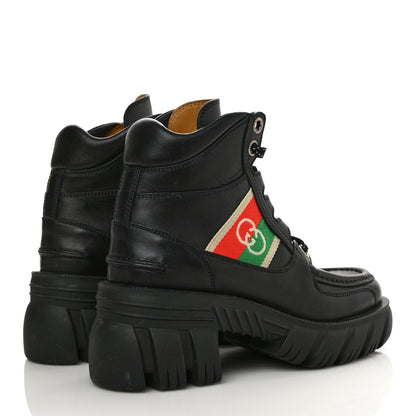 Gucci Quebec Calfskin Web Womens Interlocking G Lace Up Combat Boots 35 Black Mystic White Green Red 4 of 10
