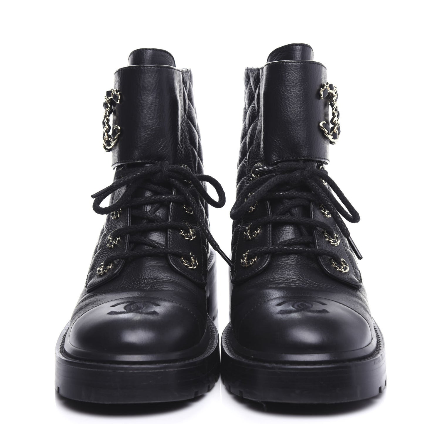 Shiny Goatskin Calfskin Quilted Lace Up Combat Boots 38 Black