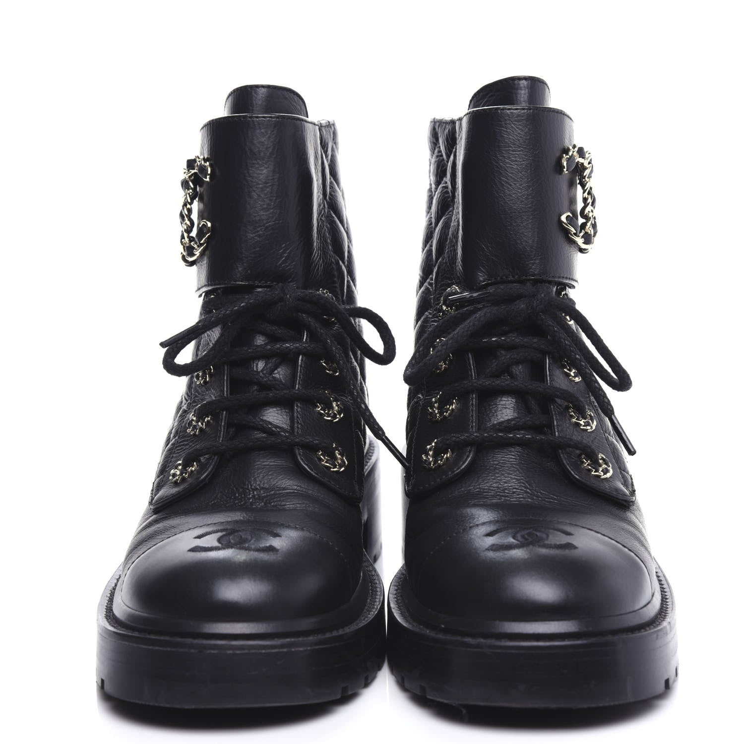 Chanel Shiny Goatskin Calfskin Quilted Lace Up Combat Boots 38 Black 2 of 10