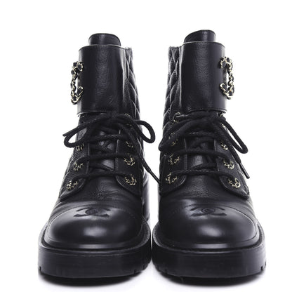 Chanel Shiny Goatskin Calfskin Quilted Lace Up Combat Boots 38 Black 2 of 10