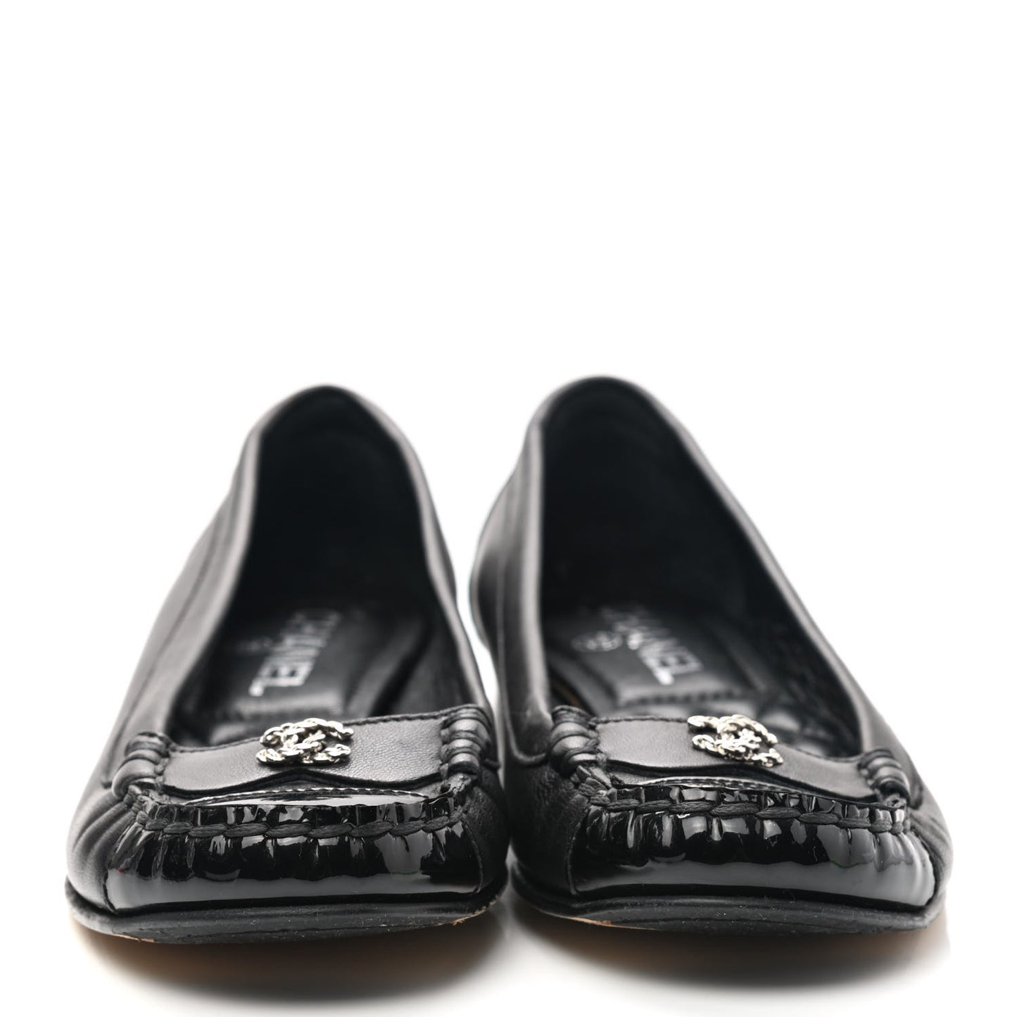 Lambskin Patent Cap Toe CC Moccasin Flats 36 Black