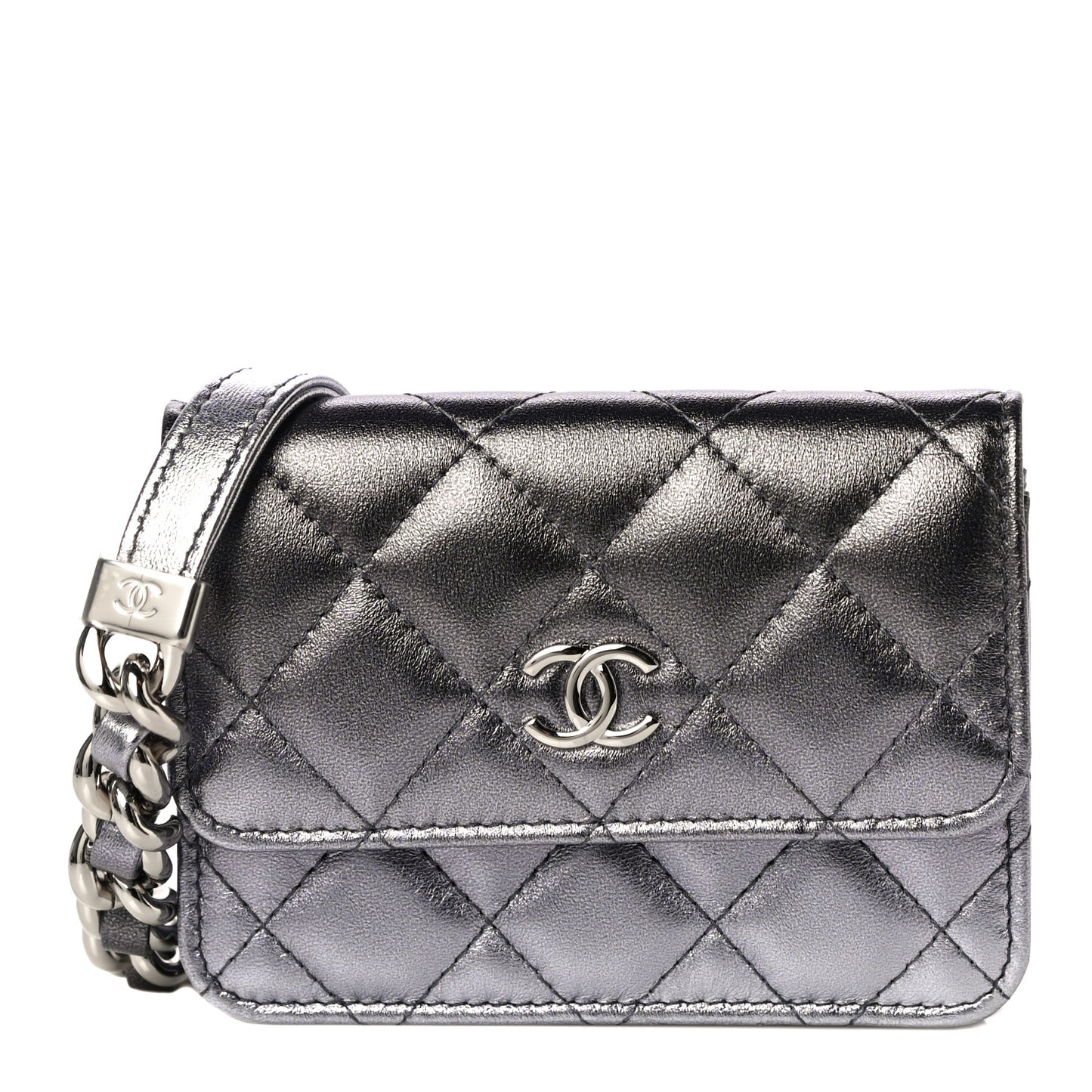 Gradient Metallic Lambskin Quilted Flap Chain Belt Bag Silver Purple