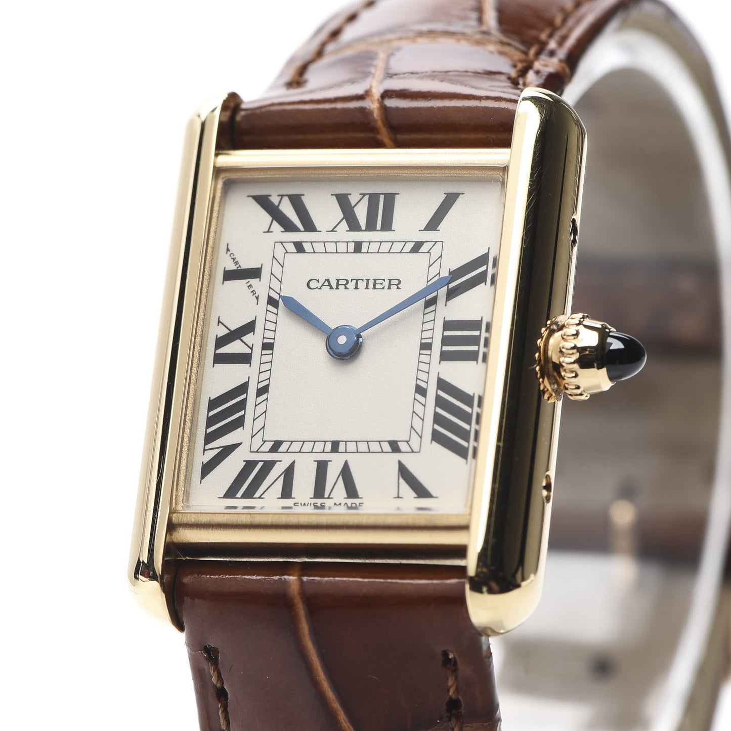 18K Yellow Gold Alligator 22mm Tank Louis Quartz Watch Brown