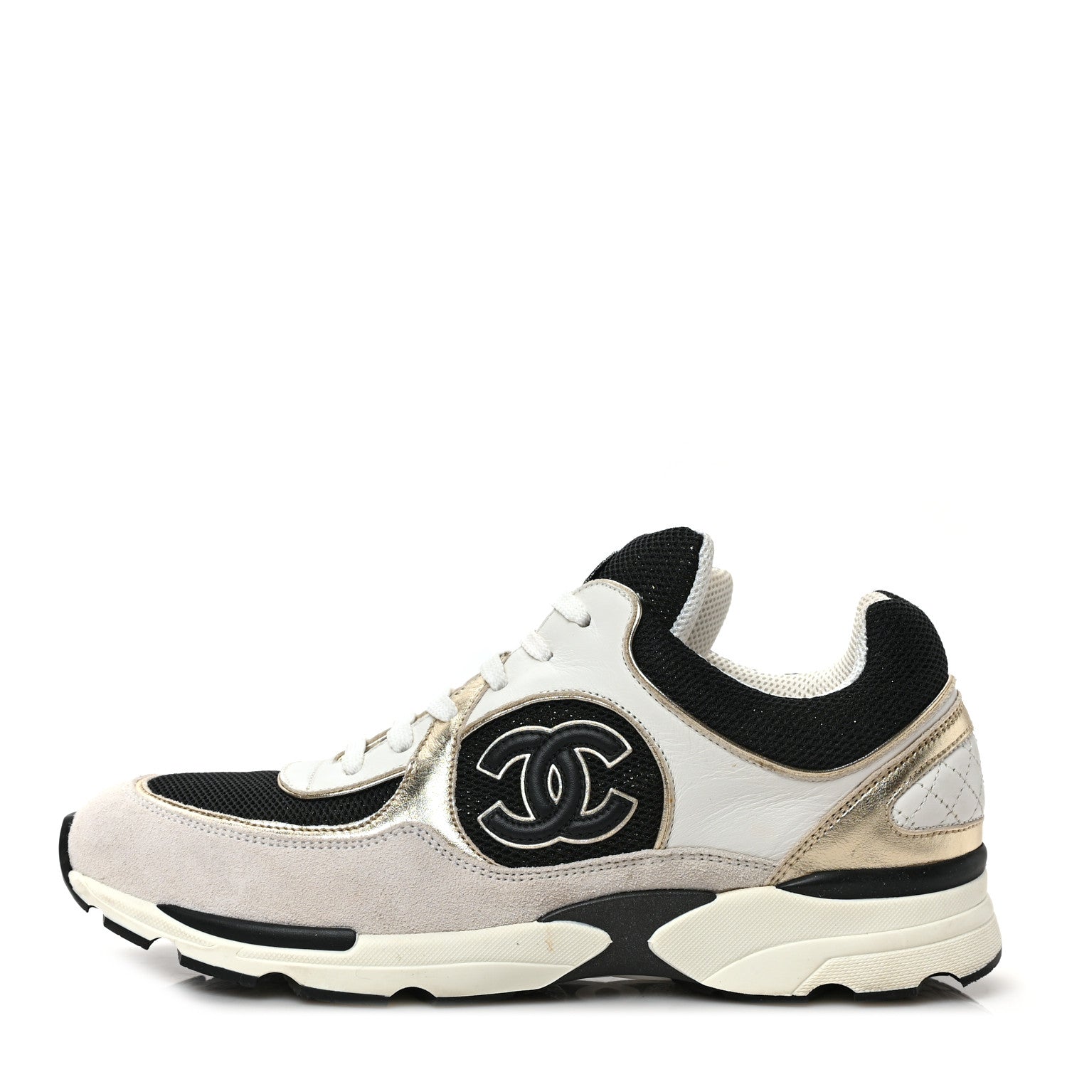 Chanel Mesh Suede Calfskin Womens CC Sneakers 39 White Black Beige Gold 1 of 8