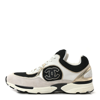 Chanel Mesh Suede Calfskin Womens CC Sneakers 39 White Black Beige Gold 1 of 8
