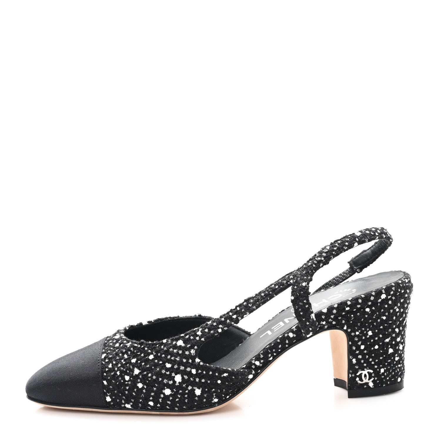 Chanel Tweed Polkadot Grosgrain Cap Toe CC Slingback Pumps 36 Black White Silver 1 of 9