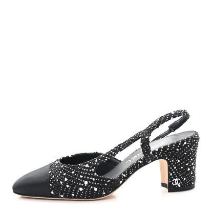 Chanel Tweed Polkadot Grosgrain Cap Toe CC Slingback Pumps 36 Black White Silver 1 of 9