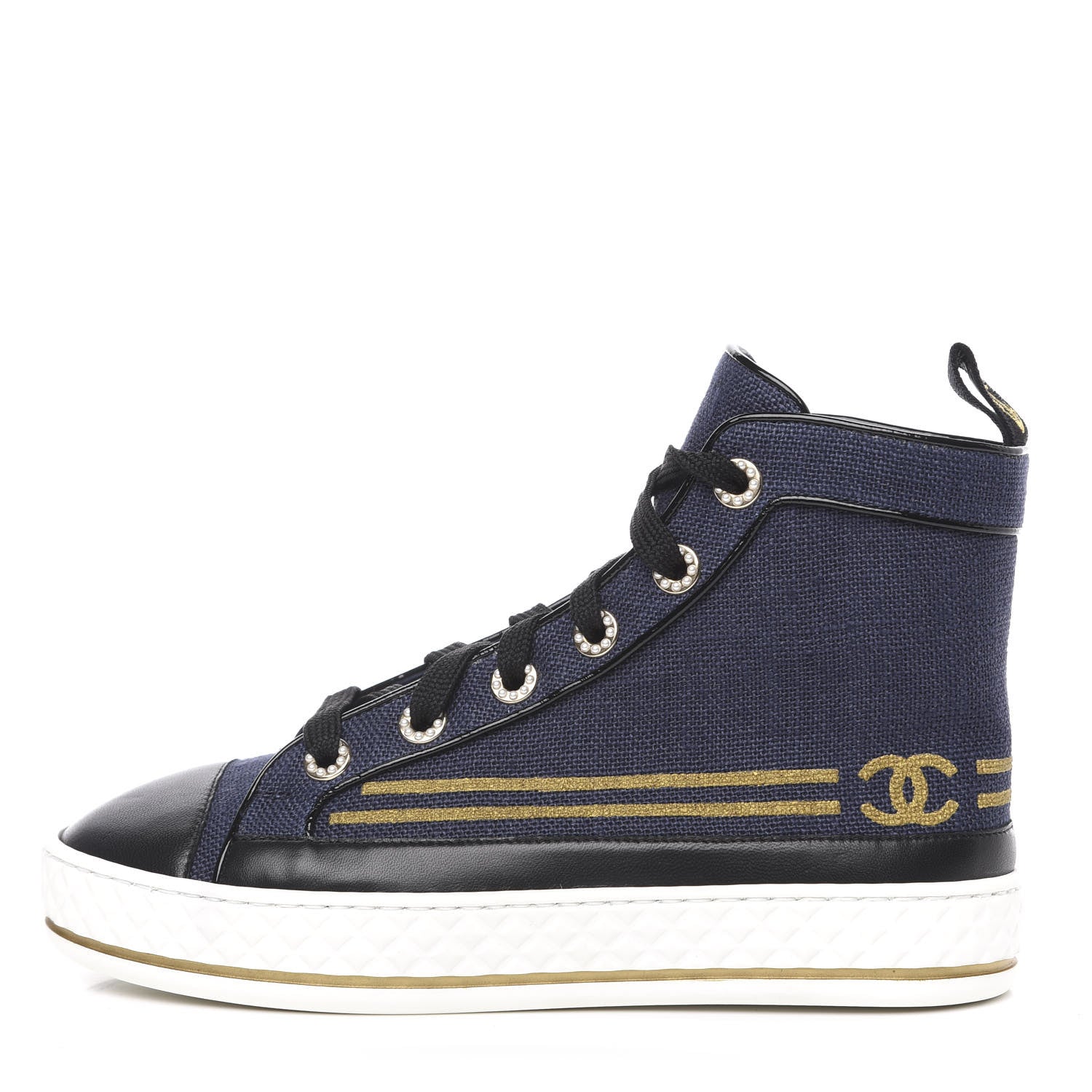 Chanel Fabric Lambskin Lace Up Cap Toe Sneakers 35 Navy Black 1 of 9