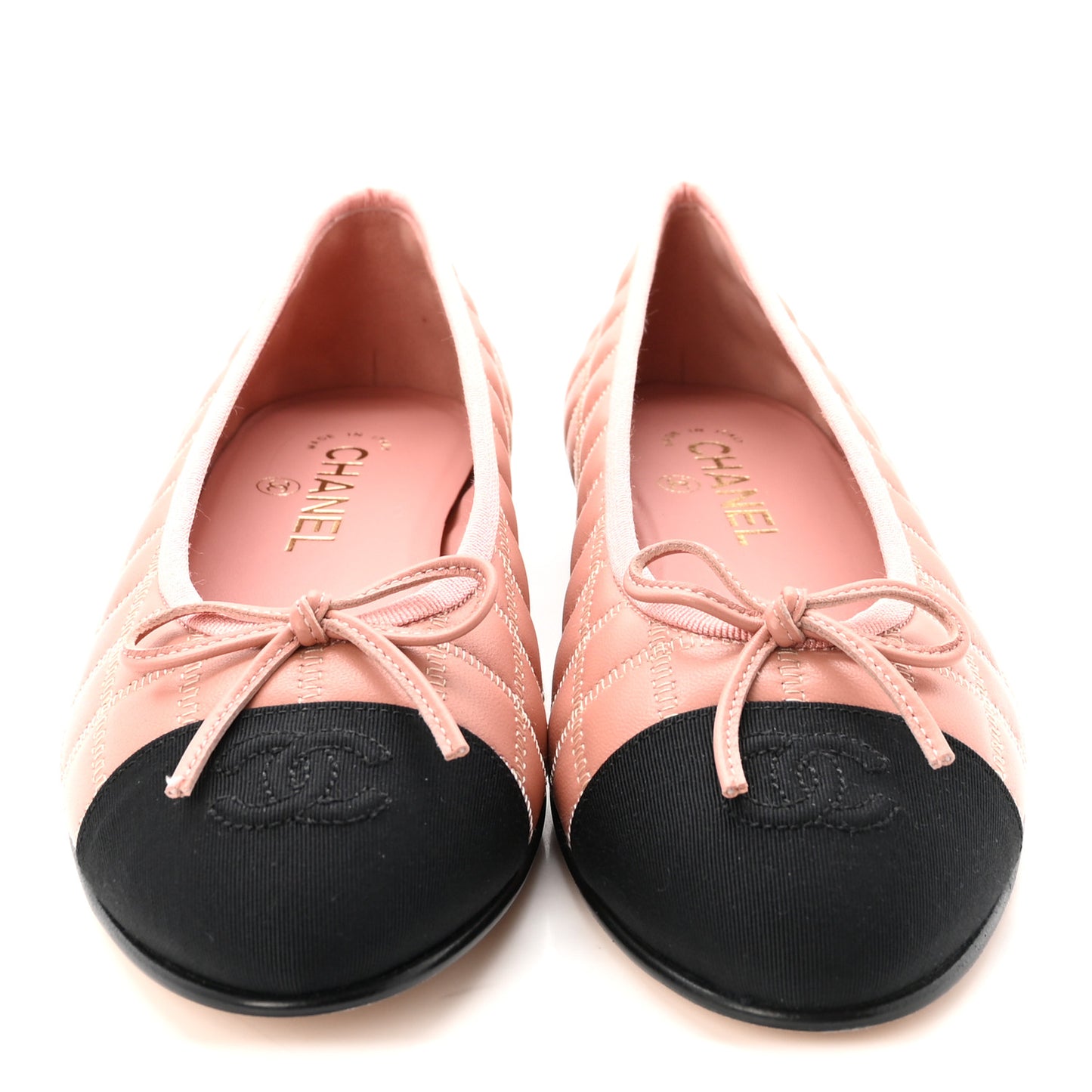 Lambskin Embroidered Grosgrain Quilted Cap Toe Ballerina Flats 38.5 Dark Pink Beige Black